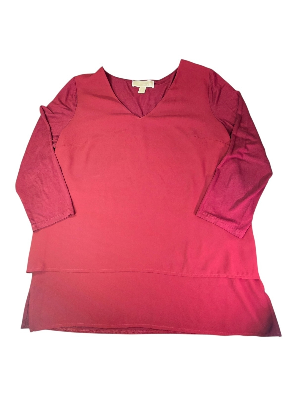 MICHAEL KORS Red Layered Mixed Media V-Neck Tunic Top 3/4 Sleeve Size M